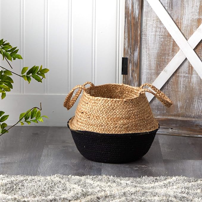 Nearly Natural 14in. Boho Chic Handmade Cotton & Jute Black Woven Basket Planter, Beige