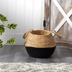 Nearly Natural 14in. Boho Chic Handmade Cotton & Jute Black Woven Basket Planter, Beige