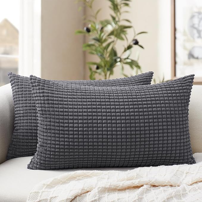 Softalker Throw Pillow Covers 12x20 Inch, Set of 2, Soft Corduroy Boho Stripe Decorative Pillow Cover, Couch Fluffy Pillow Cover for Farmhouse Home Decor Bed Living Room, Dark Grey