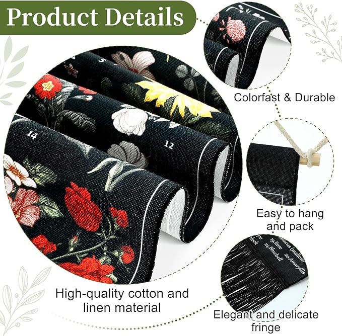 Geetery Vintage Floral Vertical Tapestry Wall Hanging Decor Long Flower Narrow Botanical Fabric Wall Art Hanging Reference Illustrative Tassel Tapestry for Bedroom Living Room Home Decor Gift(Black)