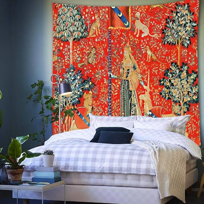 FEASRT European Royal Tapestry Medieval Princess Tapestry, 40x30 Inches Soft Flannelette, Lady and Unicorn for Living Room Bedroom Dorm Decor