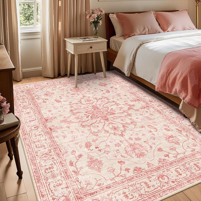 Area Rugs 5'x7' Washable Non-Slip, Floral Vintage Distress Print Pattern Medallion Carpet for Living Room Bedroom Dining Room, Pink Light Vintage Pink
