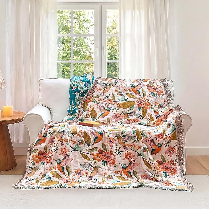 Boho Throw Blanket - 90"x90" 100% Cotton Ultra Soft Lightweight Spring Blanket, 4-Layer Breathable Muslin Blankets for Bed Couch, Reversible Blue Floral Bird Printed Bohemian Cotton Quilt