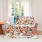 Boho Throw Blanket - 50"x60" 100% Cotton Ultra Soft Lightweight Spring Blanket, 4-Layer Breathable Muslin Blankets for Bed Couch, Reversible Blue Floral Bird Printed Bohemian Cotton Quilt