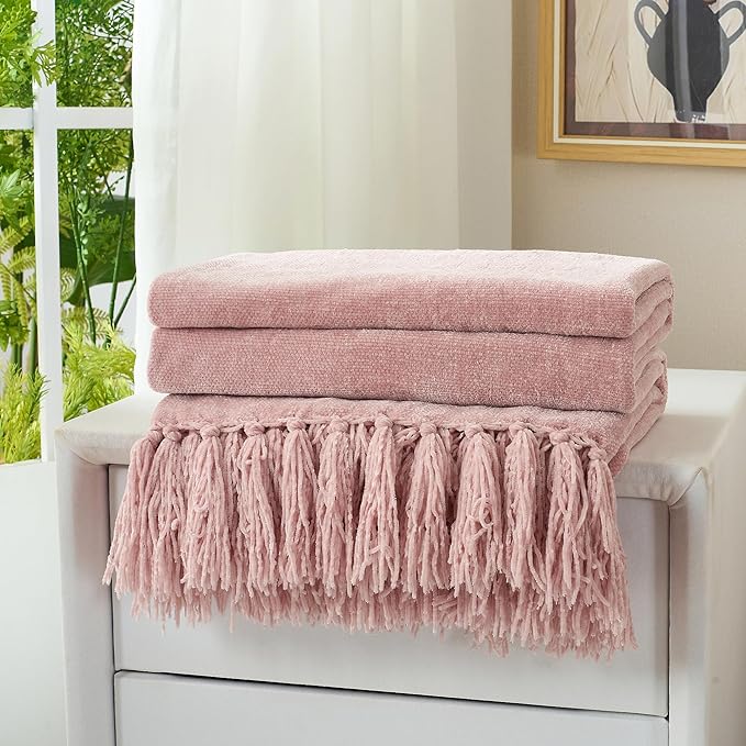 Chenille Throw Blanket for Couch with Tassels,60"X80" Soft Cozy Lightweight Knitted Boho Decorative Blankets for Bed and Sofa,Pink