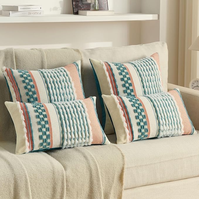 FUTEI Teal Accent Throw Pillow Covers Set of 2, 12x20 Inch Plush Tufted Striped Textured Decorative Pillow Cases for Farmhouse Boho Couch Decor
