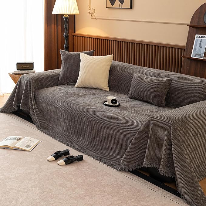 ROOMLIFE Sofa Cover, Boho Couch Cover for 3 Cushion Sofa, Non Slip Chenille Sofa Slipcovers for Dog, Washable Furniture Sofa Protector Cover with Tassel for Living Room, 71''X118”
