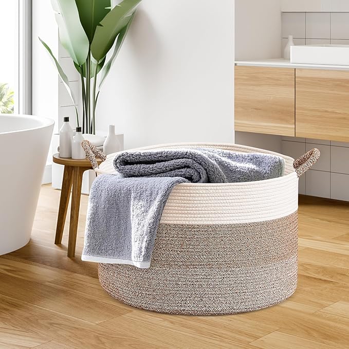 CLHMILY&Z Large Woven Basket - 20x13 Inches - Blanket Hamper for Living Room, Round Storage Bin, XLarge Laundry Organizer for Clothes, for Tree Plant, Mix Brown