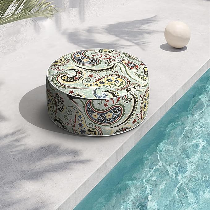 Indoor/Outdoor Inflatable Ottoman with Handle, Decorative Fade-Resistant Round Footstool D21 x H9 inch, Portable Ottoman Pouf for Patio Garden Camping, Paisley Lightcyan