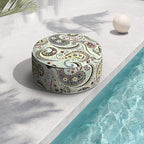Indoor/Outdoor Inflatable Ottoman with Handle, Decorative Fade-Resistant Round Footstool D21 x H9 inch, Portable Ottoman Pouf for Patio Garden Camping, Paisley Lightcyan