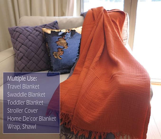 KyraHome 100% Cotton Throw Blanket for Bed, 60"x80" Muslin Blankets for Adults, Kids, Plant-Dyed, Lightweight Couch Blanket, All Season, (Terracotta/Burnt Orange)