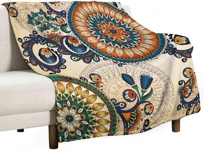 Bohemian Flower Throw Blanket Boho Mandala Floral Flowers Print Pattern Blanket for Sofa Bed Couch Chair Or Dorm 50"x60"
