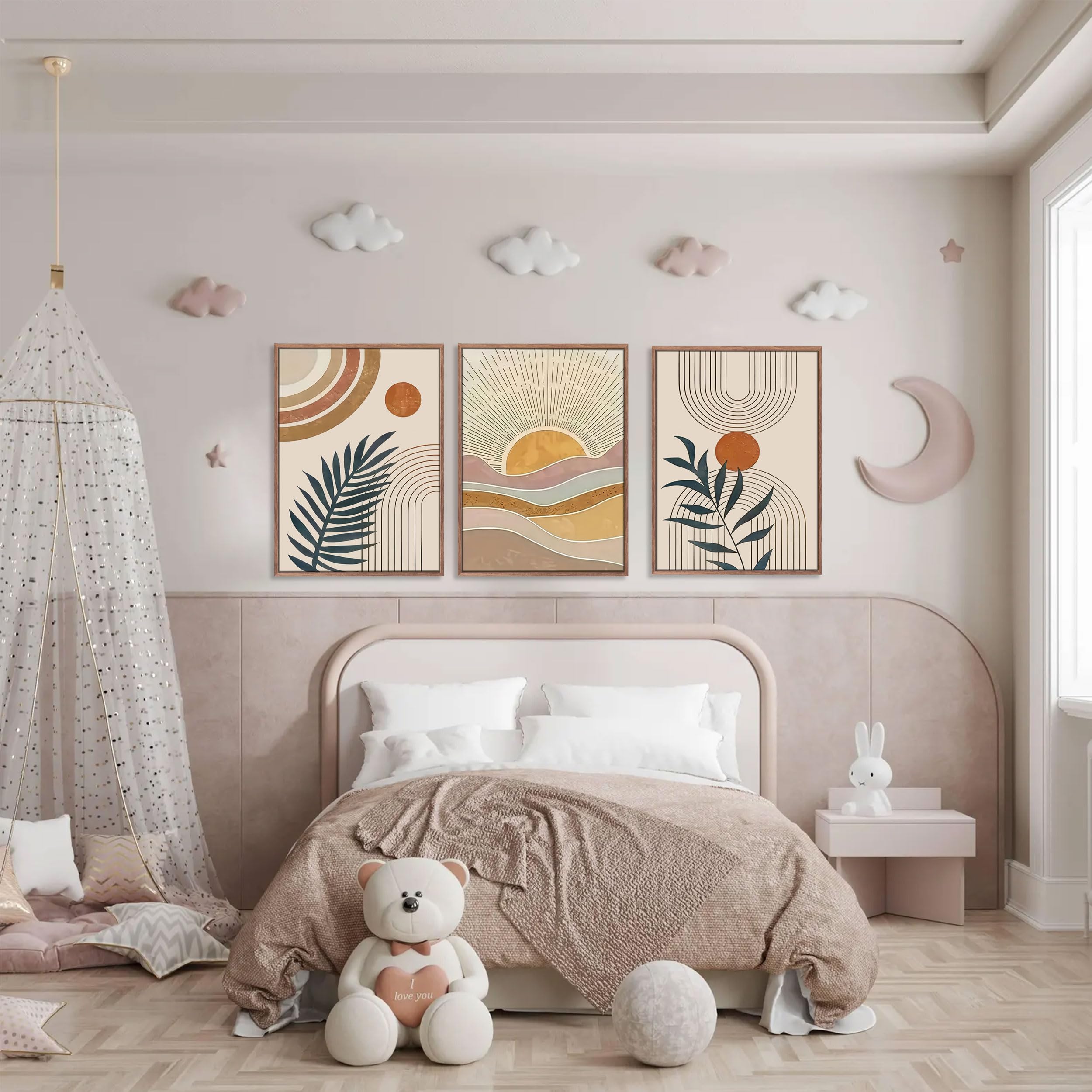 3Pcs Framed Boho Abstract Wall Art Orange Rainbow Sun Desert Minimalist Picture Mid-Century Modern Poster Prints Neutral Botanical Geometric Canvas Painting Wall Decor for Living Room 16L" x 12W" - color: Framed, size: 16L" x 12W"