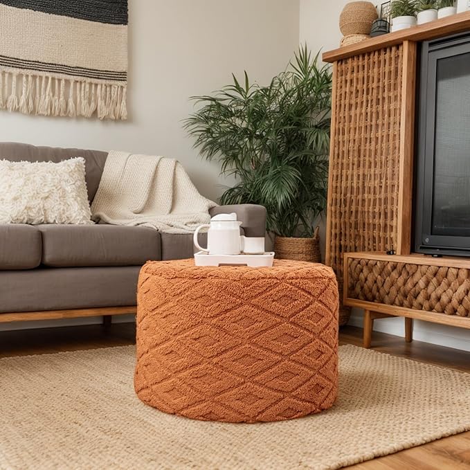 Fluffy Round Ottoman Pouf with All-in-One Foam Filling 20" x 14" Furry Ottoman Foot Rest Foot Stool for Living Room or Bedroom (Burnt Orange)
