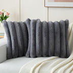 FUTEI Grey Decorative Throw Pillow Covers 26x26 Inch Set of 2, Square Soft Faux Rabbit Fur Thick Striped Euro Pillow Shams,Spring Home Decor for Couch Bed Living Room