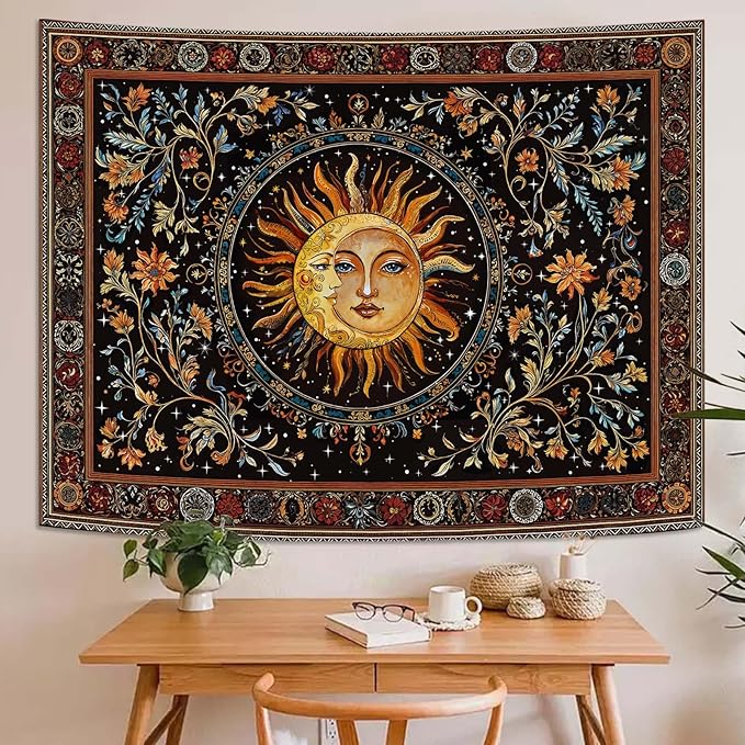 Accnicc Vintage Sun and Moon Tapestry Hippie Indie Boho Floral Wall Tapestry for Bedroom Aesthetic Stained Glass Celestial Plant Large Tapestries Wall Hanging for Living Room Dorm 80 x 60 Inch