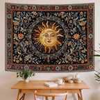 Accnicc Vintage Sun and Moon Tapestry Hippie Indie Boho Floral Wall Tapestry for Bedroom Aesthetic Stained Glass Celestial Plant Small Tapestries Wall Hanging for Living Room Dorm 48 x 36 Inch