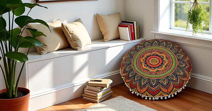 CRAFT KALA 22" Floor Pillows Cover for Sitting, Large Meditation Cushions Cover for Adults, Bohemian Mandala Round Pouf Seating Ottoman Cover for Outdoor Yoga and Living Room New Blue Ombre