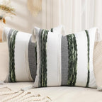 decorUhome Christmas Boho Decorative Throw Pillow Covers 18x18 Set of 2, Striped Chenille Tufted Pillow Covers with Tassels for Couch Bed Sofa, Cream White and Green