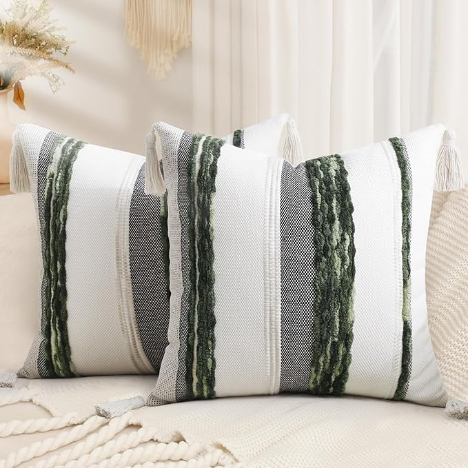 decorUhome Christmas Boho Decorative Throw Pillow Covers 18x18 Set of 2, Striped Chenille Tufted Pillow Covers with Tassels for Couch Bed Sofa, Cream White and Green