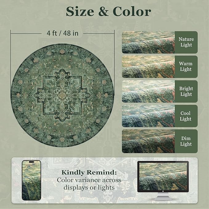 Green Round Rugs 4ft for Bedroom Living Room, Low Pile Thin Washable Entryway Area Rugs Non Slip, Traditional Medallion Printed Circle Carpet for Kitchen Dining Room