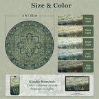 Green Round Rugs 4ft for Bedroom Living Room, Low Pile Thin Washable Entryway Area Rugs Non Slip, Traditional Medallion Printed Circle Carpet for Kitchen Dining Room