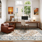 Lessymo 5x8 Area Rug for Living Room - Machine Washable Area Rugs, Super Soft Faux-Wool Area Rugs for Bedroom Kitchen, Boho Rug Vintage Floral Non-Slip Low Pile, Brown Beige