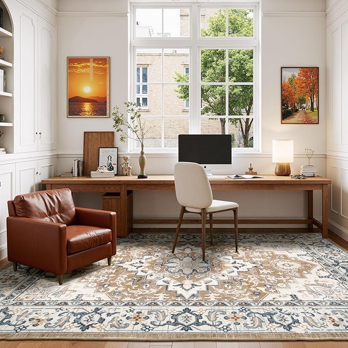 Lessymo 5x8 Area Rug for Living Room - Machine Washable Area Rugs, Super Soft Faux-Wool Area Rugs for Bedroom Kitchen, Boho Rug Vintage Floral Non-Slip Low Pile, Brown Beige