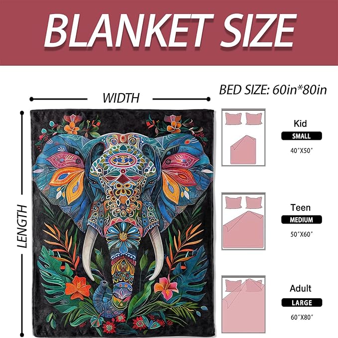 Tribal Elephant Flannel Blanket 50x60in,Vibrant Colorful Mandala Boho Design with Jungle Floral Accents,Soft Lightweight Throw for Nature Lovers,Bohemian Decor and Spiritual Soul Gifts Blankets