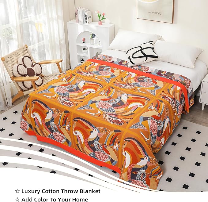 Boho Large Throw Blanket, 100% Organic Cotton Breathable Soft Bed Throw - Floral Bird Farmhouse Decor Blanket for Sofa Couch Chair Quilt and Gift. 91" x 98"- Colorful