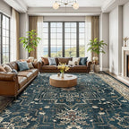 Large 10x14 Area Rugs, Washable Non Slip Big Rug for Living Room Bedroom, Distressed Medallion Vintage Big Carpet Rugs for Dinig Room Family Rooms, Low Pile Thin, Deep Blue/Multi