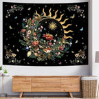 Racunbula Floral Plants Tapestry Sun and Moon Tapestry Retro Botanical Flowers Butterfly Tapestries Black Starry Sky Wall Art Vintage Boho Aesthetic Tapestries Wall Hanging for Bedroom