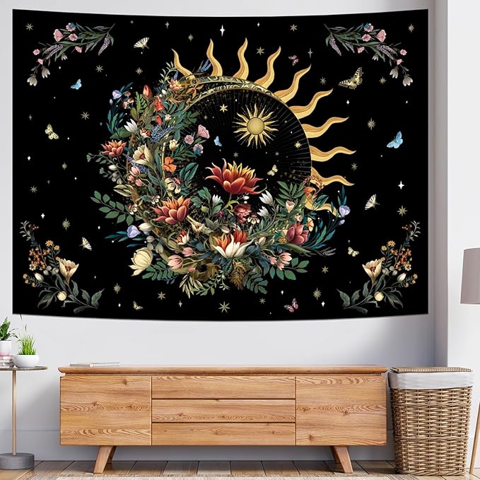 Racunbula Floral Plants Tapestry Sun and Moon Tapestry Retro Botanical Flowers Butterfly Tapestries Black Starry Sky Wall Poster Vintage Boho Aesthetic Tapestries Wall Hanging for Bedroom