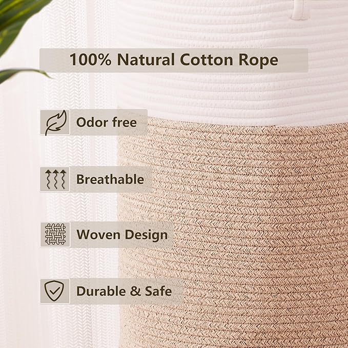 80L Large Hamper Laundry Basket Tall Woven Rope Clothes Hamper Blanket Basket in Living Room Bathroom Bedroom Brown 16"L x 16"W x 22"H