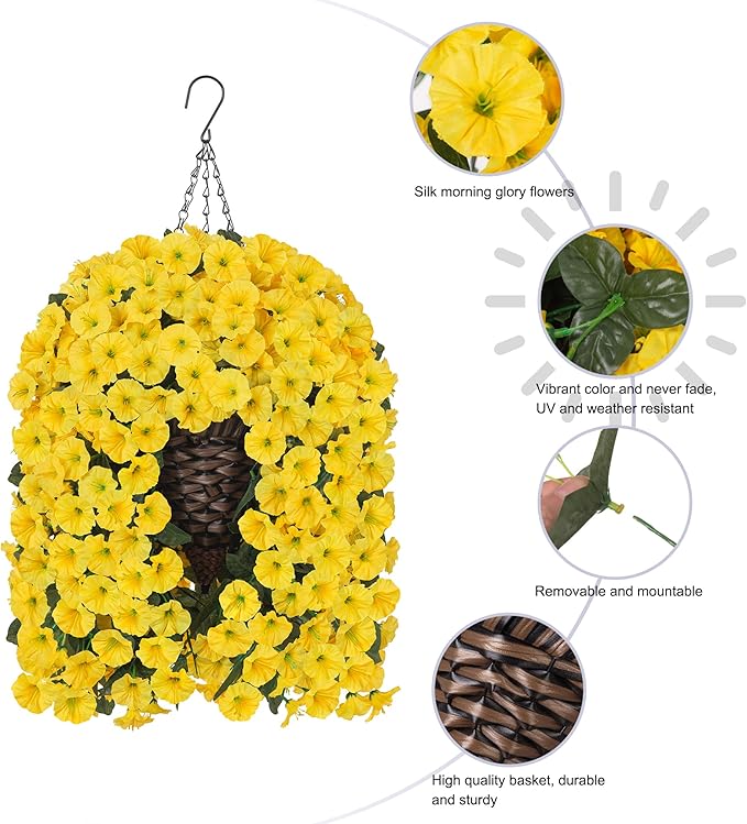 HyeFlora Artificial Fake Hanging Flowers Plants Baskets for Outdoor Outside, Faux Silk Yellow Morning Glory Flowers UV Resistant Look Real Hanging Planter for Home Porch Patio Balcony Yard Decor