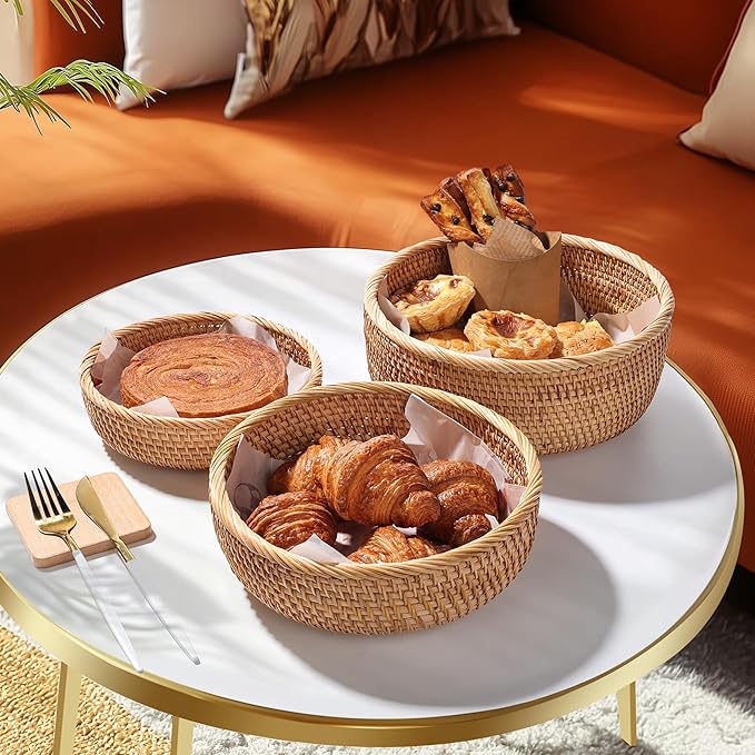 Honey Brown Natural Rattan Bread Basket Set of 3 - Handwoven Round Wicker Serving Bowls for Fruit, Snacks, Kitchen Counter Organizing | Stackable Farmhouse Decor