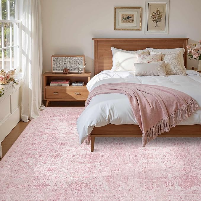 6x9 Area Rugs for Living Room Bedroom, Pink Large Washable Neutral Rug, Vintage Floral Retro Boho Non Slip & Low Pile Carpet for Indoor Dining Room, Classroom, Dorm, Nursery and Kids Room