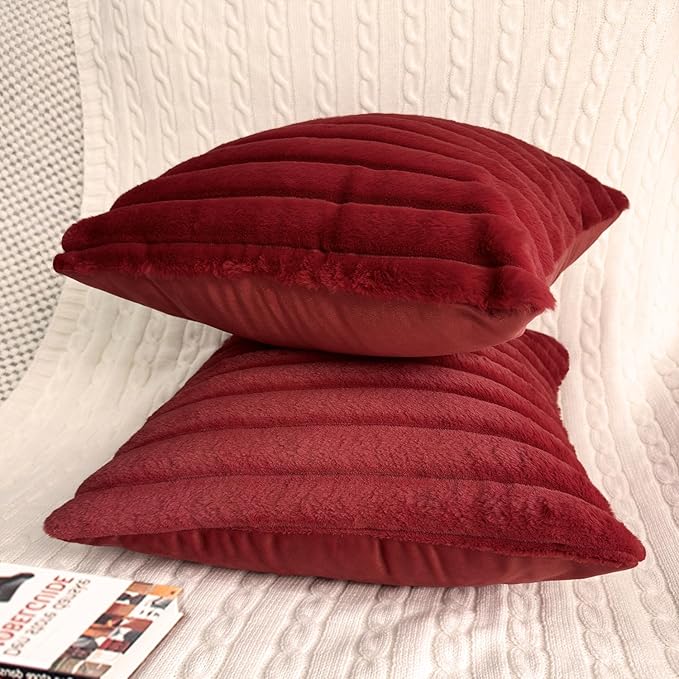 2 Pack 14x14 Pillow Cover Velvet Pillow Covers, Faux Fur Square Throw Pillow Covers for Living Room Decorations Throw Pillow Case, Throw Pillow Cover Cushion Cover for Sofa Bedroom Car, Burgundy Red