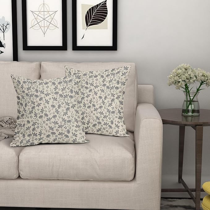 Grey Floral Pillow Covers 16x16 Set of 2 Vintage Rustic Old Style Cute Small Flower Gray Cream Print Decorative Outdoor Pillowcases Farmhouse Throw Cushion Case Decor for Couch Sofa Bed
