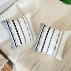 Boho Chenille Throw Pillow Covers 18x18 Inch Square Farmhouse Decorative Pillow Covers Set of 2, Beige Striped White Couch Protectors Soft Pillowcase Covers with Zipper for Sofa Bed