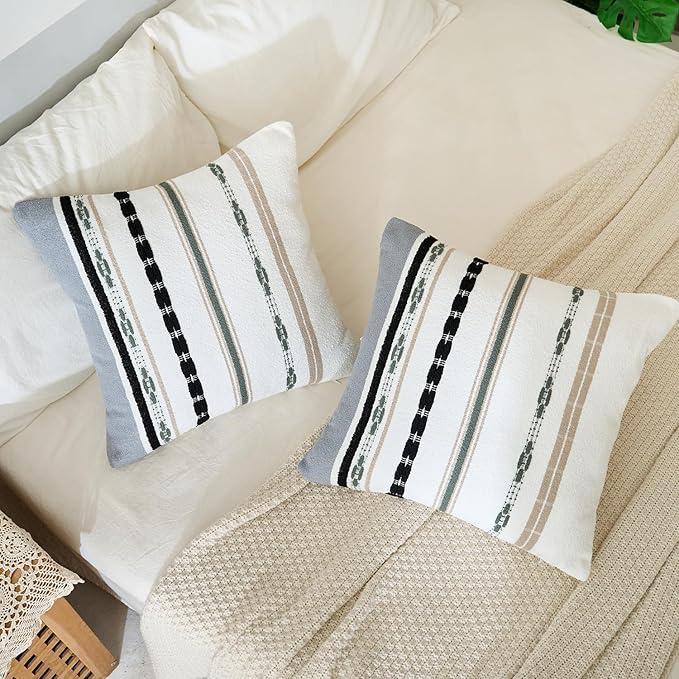 Boho Chenille Throw Pillow Covers 18x18 Inch Square Farmhouse Decorative Pillow Covers Set of 2, Beige Striped White Couch Protectors Soft Pillowcase Covers with Zipper for Sofa Bed