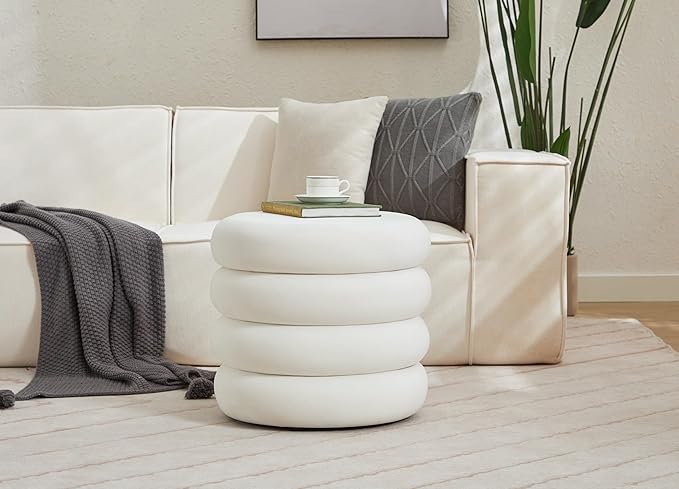 Flouki 20.1" Storage Ottoman Round, Vanity Stools for Bedroom, Velvet Pouf Ottoman with Removable Lid, Modern Ottoman Stool for Girls Women, Foot Stool for Living Room, White