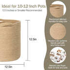 Woven Jute Plant Basket, Wicker Basket Planter for 11 inch Pot, Round Indoor Tree Pot Cover, Small Boho Storage Bin Organizer, Rustic Planter and Home Decor, 12.5” x 12.5”