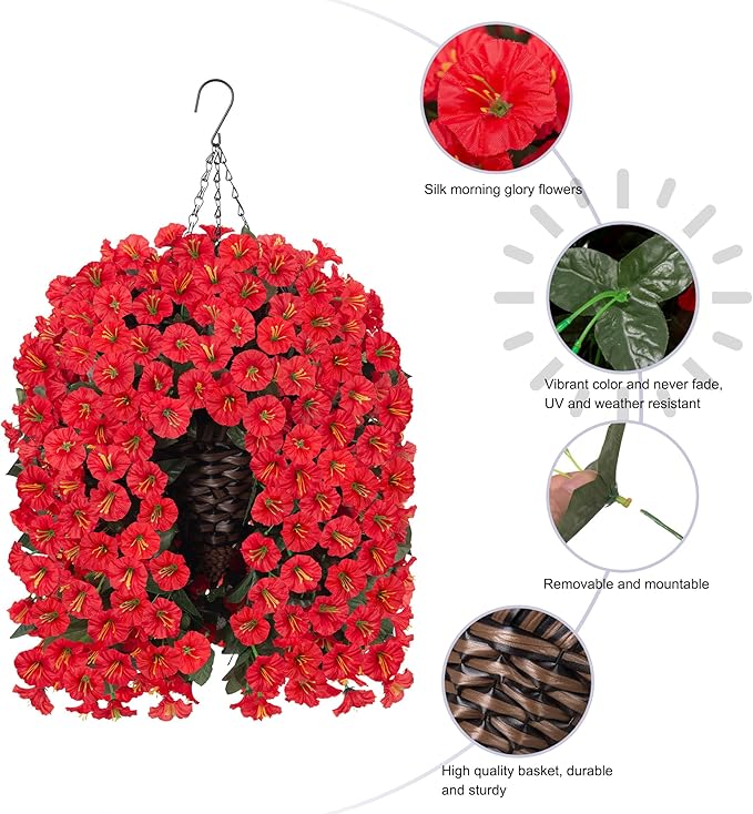 HyeFlora Artificial Fake Red Hanging Flowers Plants Baskets for Outdoor Winter Christmas, Faux Silk UV Resistant Look Real Morning Glory Vines for Outside Porch Patio Balcony Garden Yard Home Decor