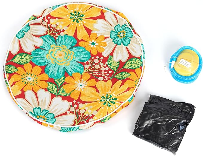 Magpie Fabrics Indoor/Outdoor Inflatable Stool Ottoman Pouf, Water Repellent Round Footrest Footstool with Foot Pump D20 xH9, Portable for Patio Garden Camping, Embry Red Hibiscus