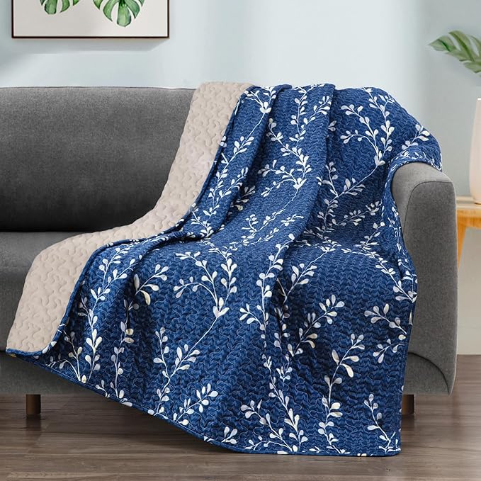 Exclusivo Mezcla 50"x 60" Quilted Throw Blanket- Microfiber Quilt Throw with Floral Pattern, Reversible Navy Versatile Lap Quilt for All Seasons, Lightweight Throws for Bed/Couch/Sofa
