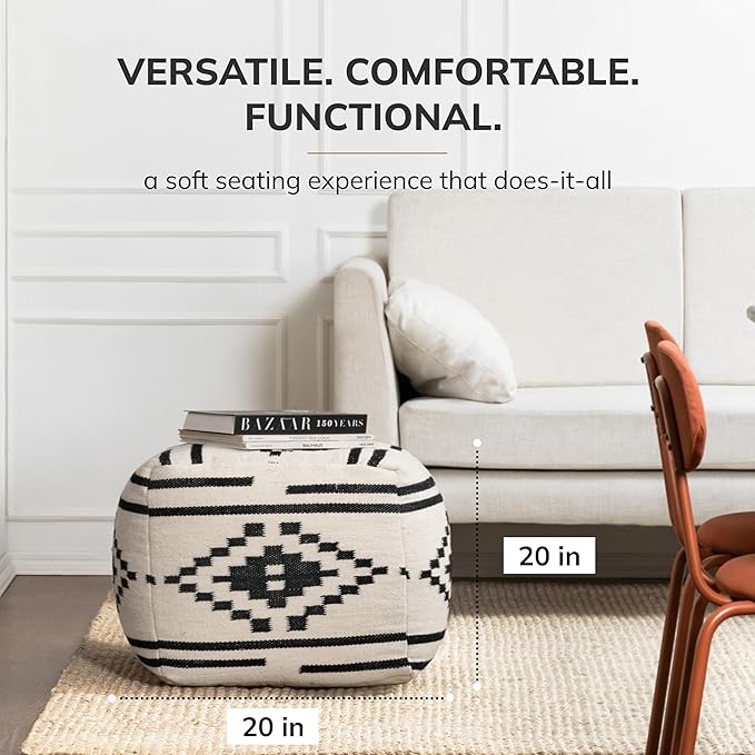 Anji Mountain Pouf Ottoman Foot Rest, Handmade Ottoman Pouf, Comfortable Foot Stool, Decorative Floor Seating for Living Room Decor, Bedroom & Home Décor Accent - Carbon Ikat