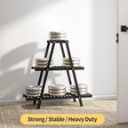 Bamboo Plant Stand Indoor/Outdoor, 3-Tier, Black, Rectangular, 8 Potted Flower Holder Ladder Plant Rack