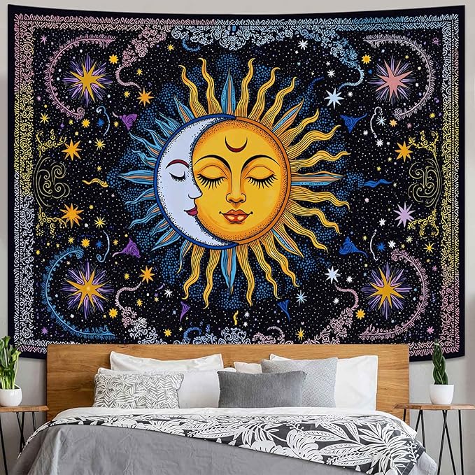 Spenlife Sun and Moon Tapestry, Celestial Couple Tapestries for Bedroom, Aesthetic Wall Decor, Starry Tapestries (90" x 70")