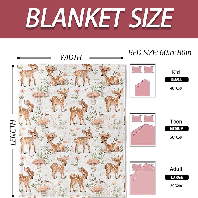 Cute Deer Blanket 50×60 Inch,Forest Fawn and Mushroom Print Lightweight Flannel Throw with Woodland on White Background,Spring Rustic Farmhouse Home Decor,Gifts for Girls,Women